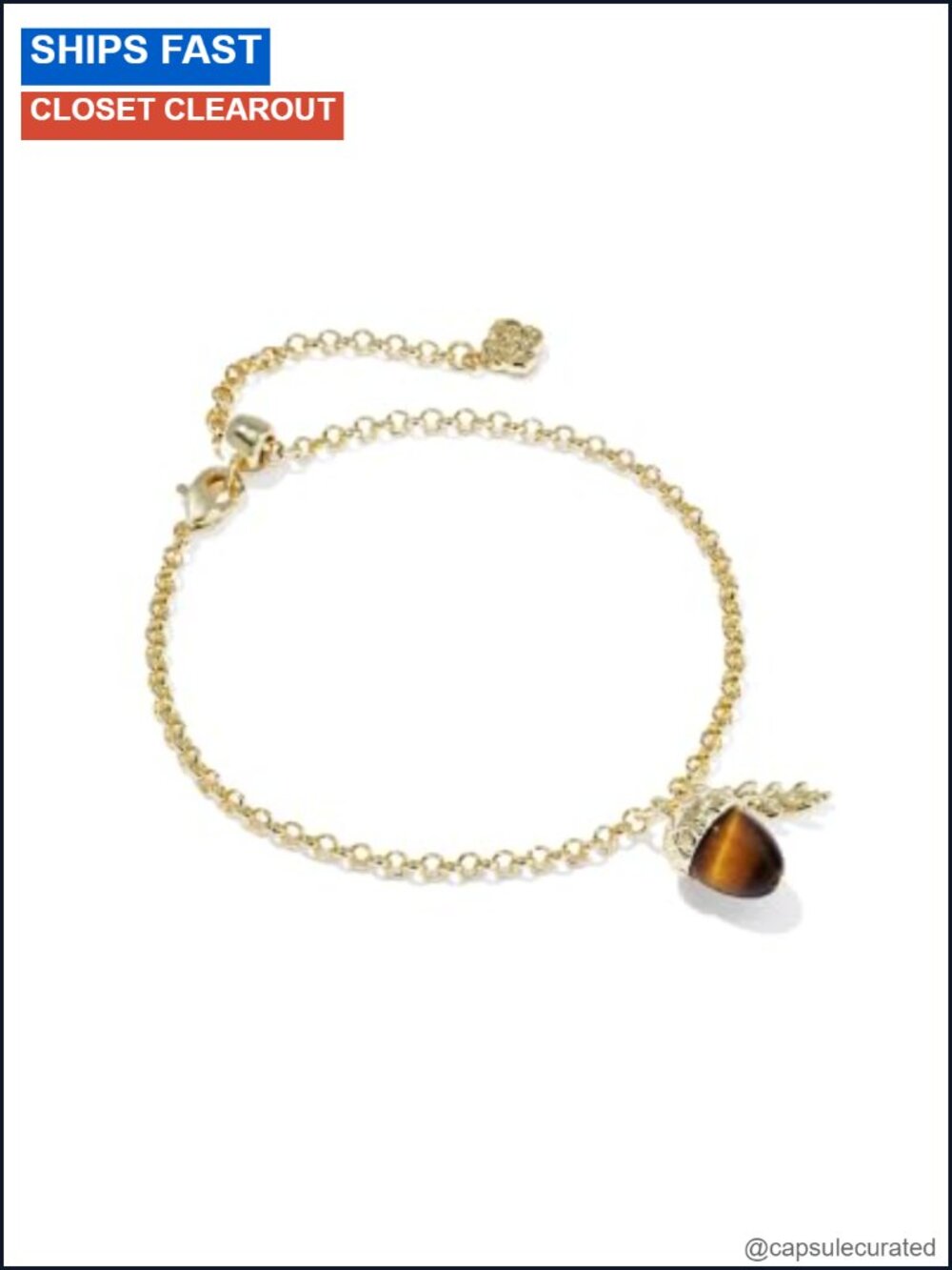 14k Gold-Plated Brass Acorn Chain Bracelet Tigers Eye Adjustable